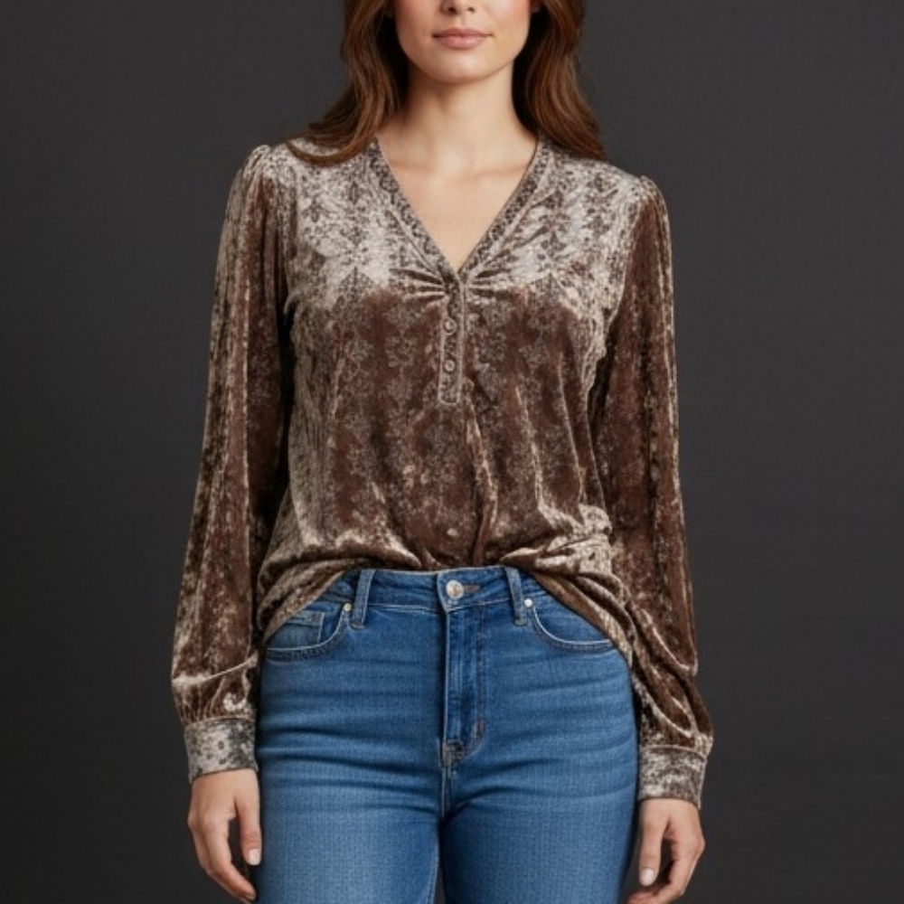 Andree BY UNIT Silver Crushed Velvet Velour Embroidered Castlecore Blouse